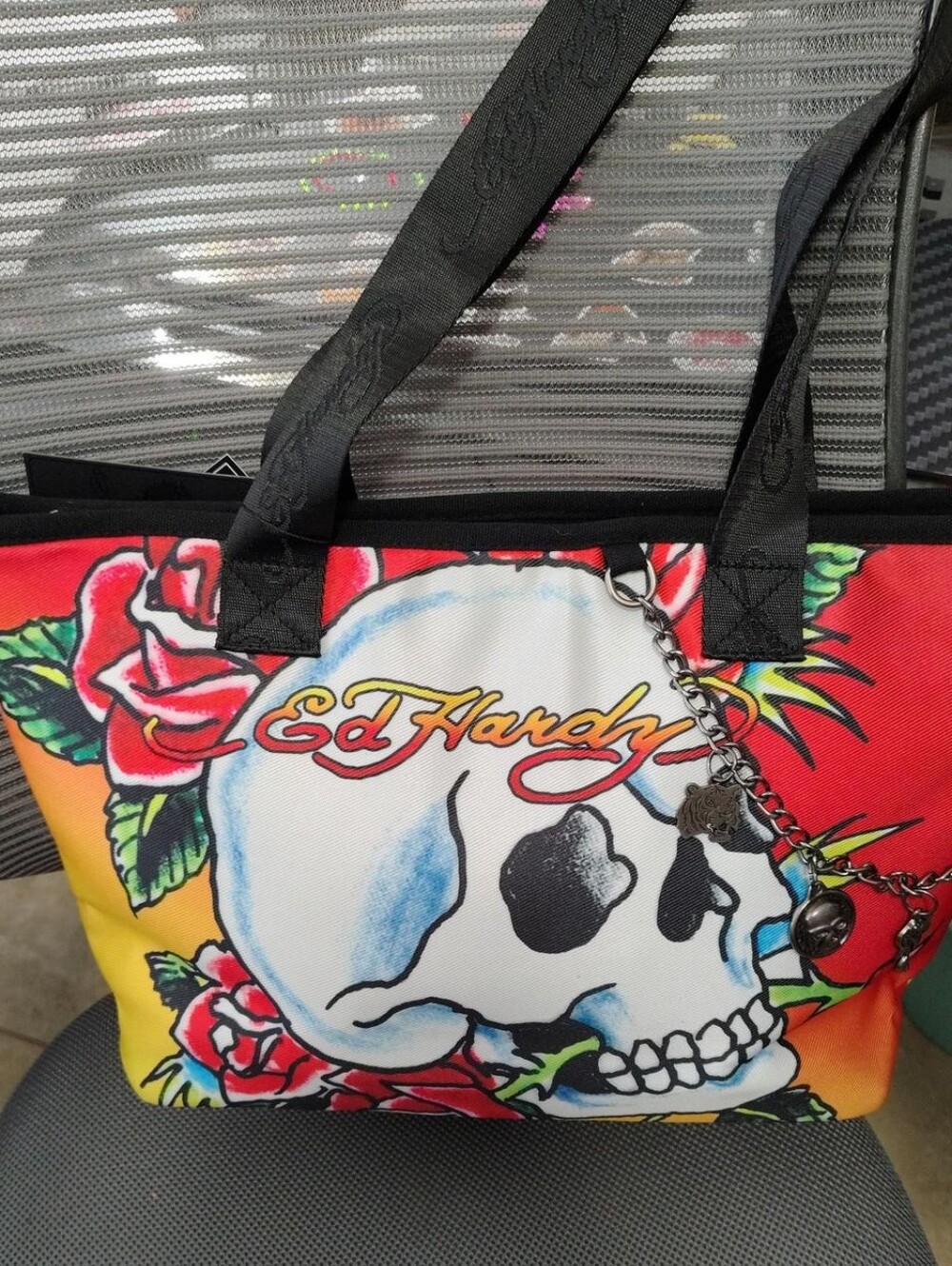 Ed Hardy Red Yellow Multicolor Skull Tote